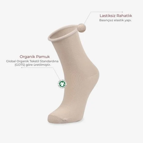 Bolero 2'li Roll Top Lastiksiz İz Yapmayan Kadın Organik Çorap Gülkurusu Bej - B69