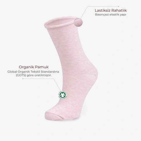 Bolero 2'li Roll Top Lastiksiz İz Yapmayan Kadın Organik Çorap Pembe Beyaz