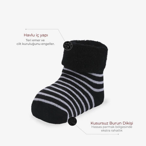 Bolero 3'lü Erkek Bebek Havlu Kışlık Çorap Siyah
