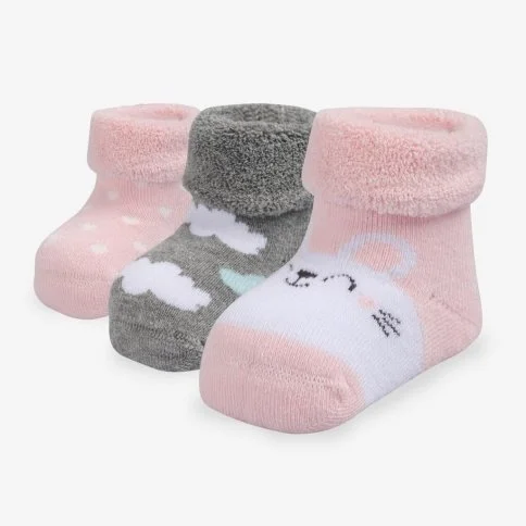 Bolero 3'lü Kız Bebek Havlu Kışlık Pembe Çorap - C43