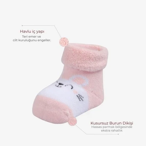 Bolero 3'lü Kız Bebek Havlu Kışlık Pembe Çorap - C43