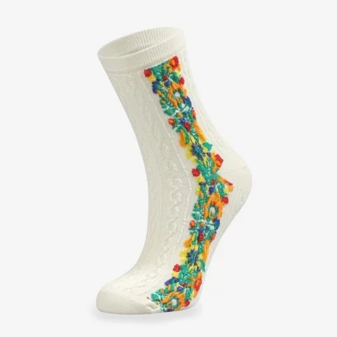 Bolero Embossed Patterned Ethnic Women's Cream Socks