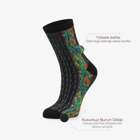 Bolero Kabartma Desenli Etnik Kadın Siyah Çorap - B30