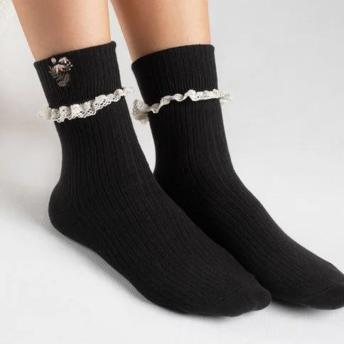 Bolero Kadın Dantelli Nakışlı Siyah Kısa Çorap - B37