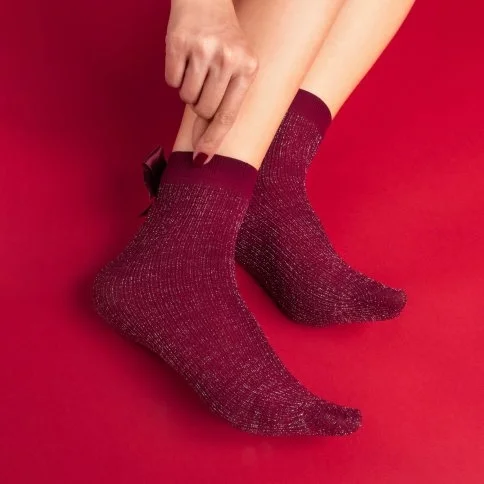 Bolero Kadın Kurdelalı Simli Soket Çorap Bordo - N10