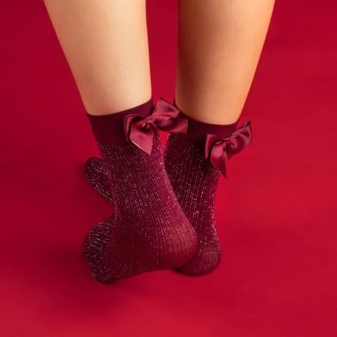 Bolero Kadın Kurdelalı Simli Soket Çorap Bordo - N10