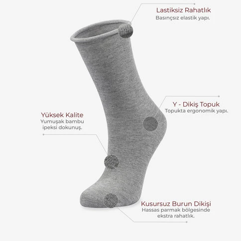 Bolero Roll Top Lastiksiz Kadın Gri Bambu Soket Çorap