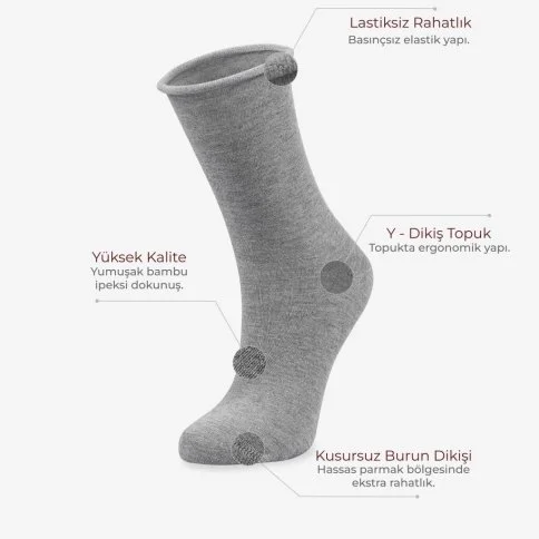 Bolero Roll Top Lastiksiz Kadın Gri Bambu Soket Çorap - B11
