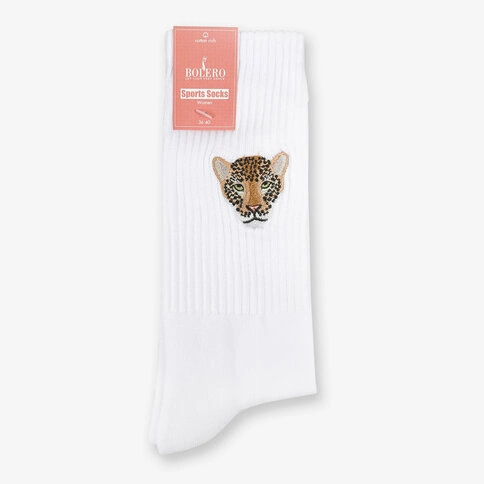 Bolero Tiger Embroidery Women's White Tennis Sports Socks