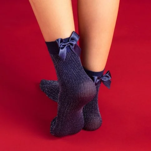 Bolero Women's Silvery Socks with Ribbon Navy blue