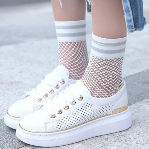 Women White Silvery Fishnet Socks